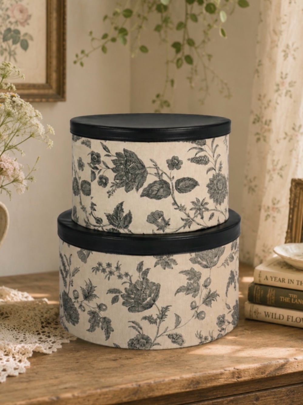 Classic Floral Storage Hat Boxes - Black & Cream Set of 2